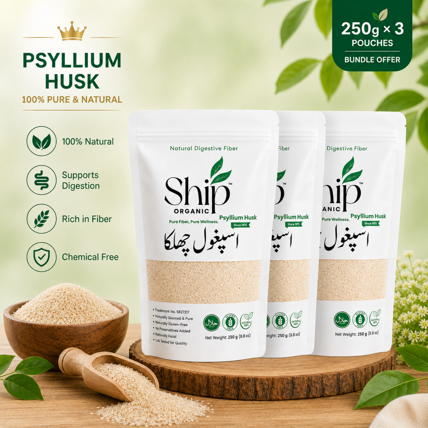 Psyllium Husk (Ispaghol Chilka) 750g Value Pack - 250g × 3 Pouches | Ship Organic