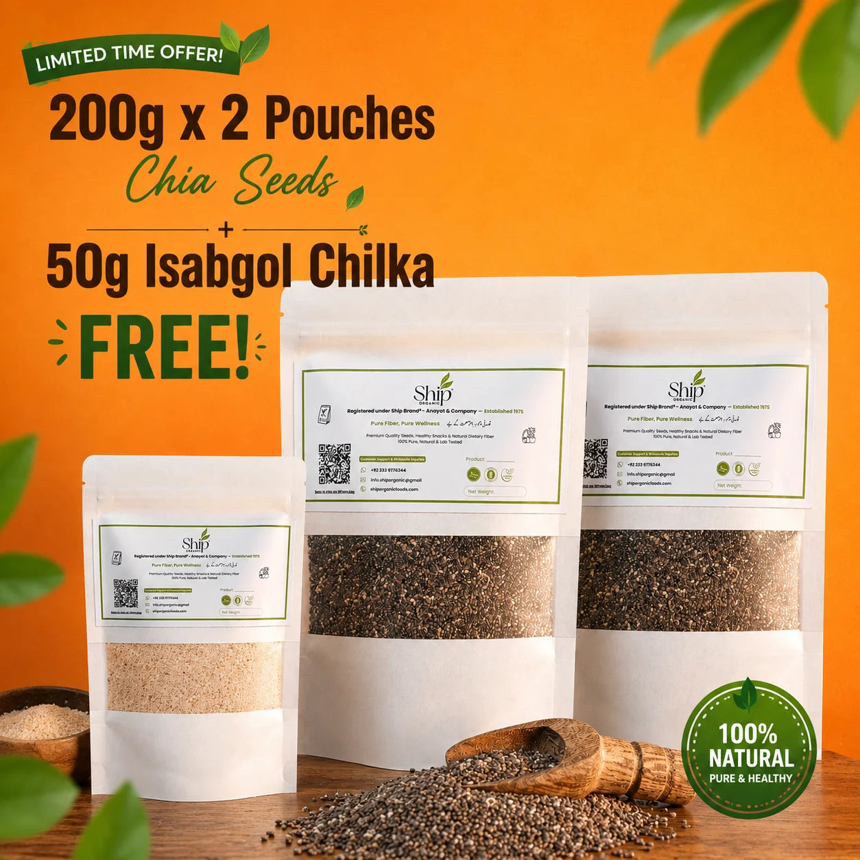 Premium Chia Seeds 200g (2 Pouches) + FREE 50g Psyllium Husk | Ship Organic | Healthy Gut Bundle