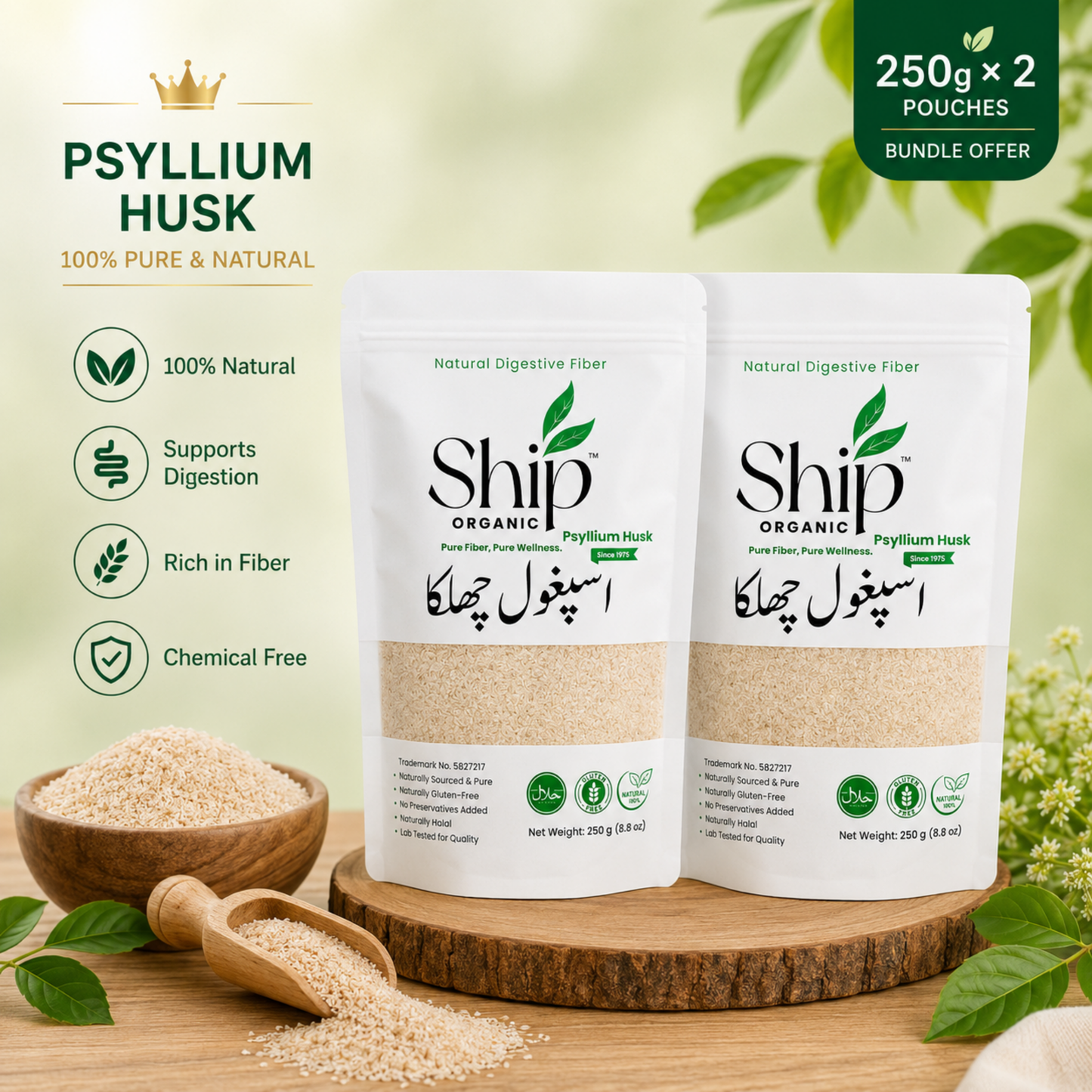 Psyllium Husk (Ispaghol Chilka) 500g Pack - 250g × 2 Pouches | Ship Organic