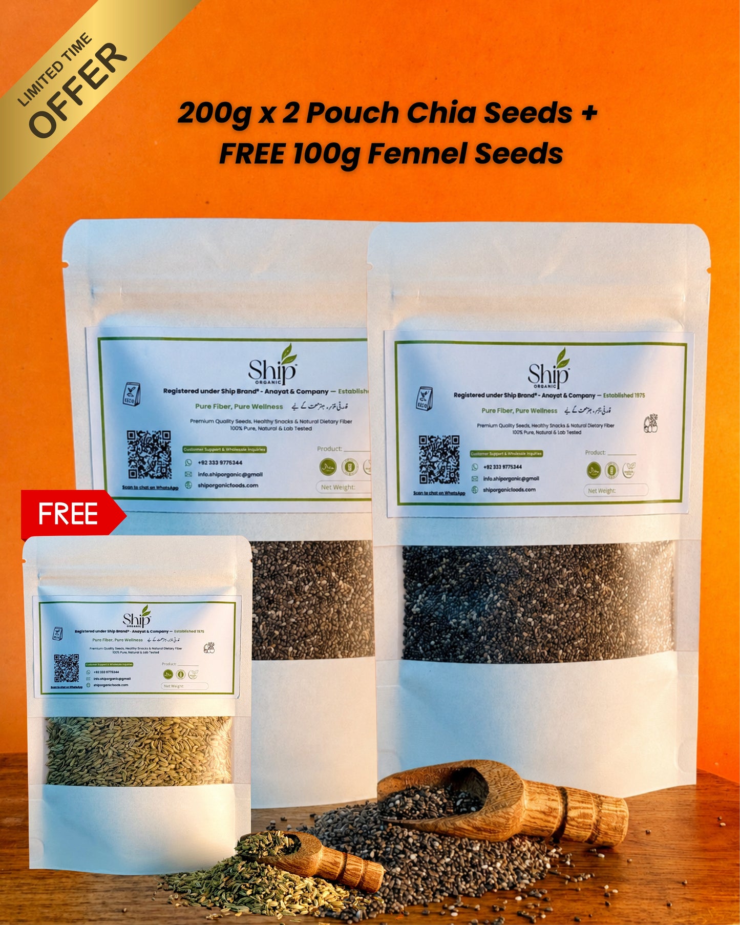 400g Premium Chia Seeds (2 x 200g Pouches) + FREE 100g Fennel Seeds