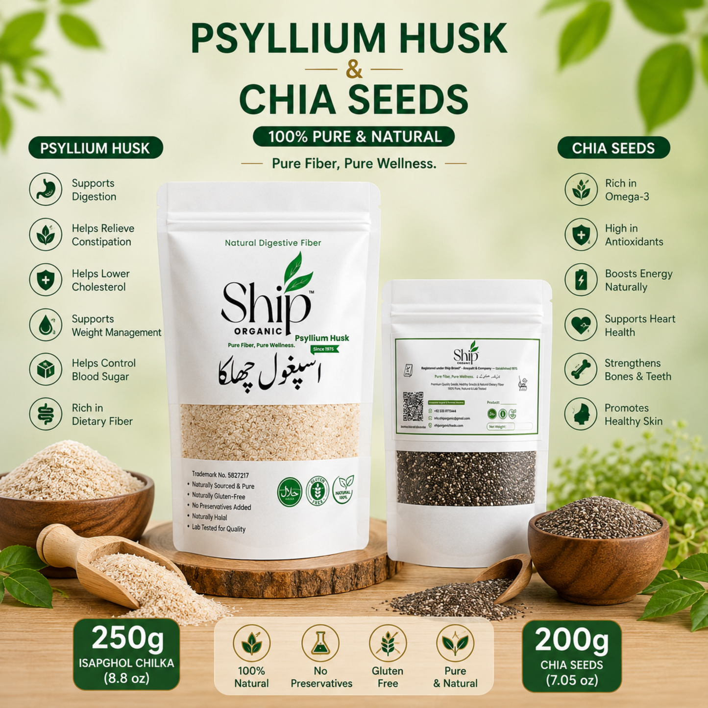Fiber Combo Pack - 250g Psyllium Husk + 200g Chia Seeds  | Ship Organic