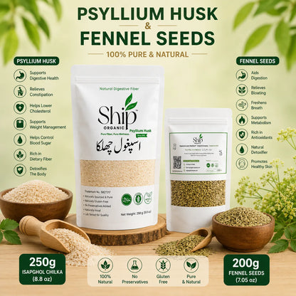 Digestive Combo Pack - 250g Psyllium Husk + 200g Fennel Seeds (Saunf) | Ship Organic